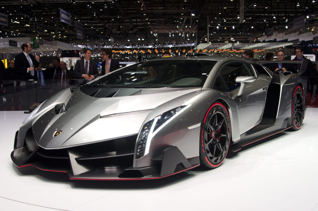 Lamborghini Veneno hypercar , with aerodynamic design and sharp spoilers.