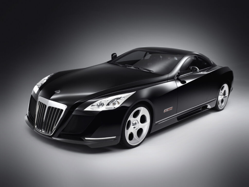 Mercedes-Maybach Exelero luxury car, one of the top 10 most expensive cars in the world, with black color, elegant design, and dual exhaust pipes.