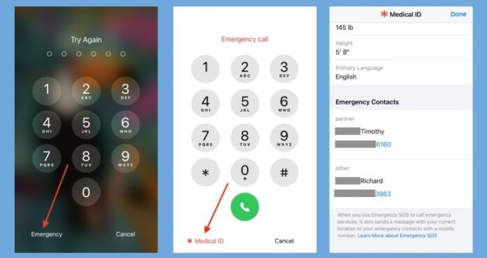 સ્માર્ટફોનની ત્રણ સ્ક્રીન્સ જે ઇમરજન્સી એક્સેસ, ઇમરજન્સી ડાયલર અને મેડિકલ ID વિગતો દર્શાવે છે.