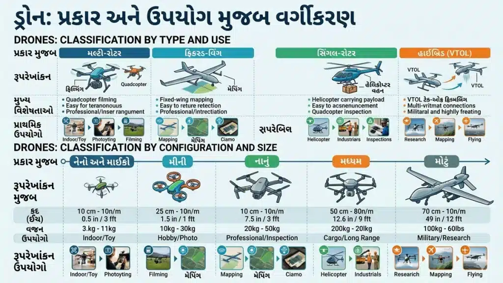 ડ્રોન ટેકનોલોજી: પ્રકારો, ઉપયોગો અને ભારતના નિયમોની સંપૂર્ણ માહિતી 2 ડ્રોનના પ્રકાર અને ઉપયોગ મુજબ વર્ગીકરણ દર્શાવતું ઇન્ફોગ્રાફિક