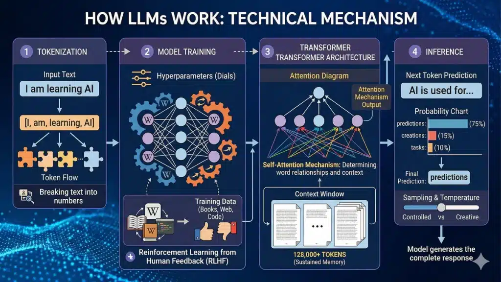 LLM ટેકનોલોજી શું છે? જાણો CHATGPT અને GEMINI AI પાછળ કામ કરતી ટેક્નોલૉજી 1 LLM કેવી રીતે કામ કરે છે તેની સમજૂતી આપતું ટેકનિકલ ચાર્ટ, જેમાં ટોકનાઇઝેશન, ટ્રેનિંગ, ટ્રાન્સફોર્મર આર્કિટેક્ચર અને ઇન્ફરન્સ સ્ટેપ્સ બતાવ્યા છે.